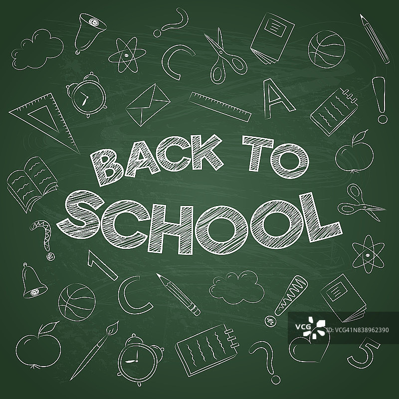 “回到学校”概念海报在绿色板。向量。图片素材