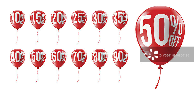 红色气球折扣零售，购物，销售或促销的概念。套气球10%，15%，20%，25%，30%，35%，40%，50%，60%，70%，80%和90%折扣在白色背景孤立。矢量图图片素材