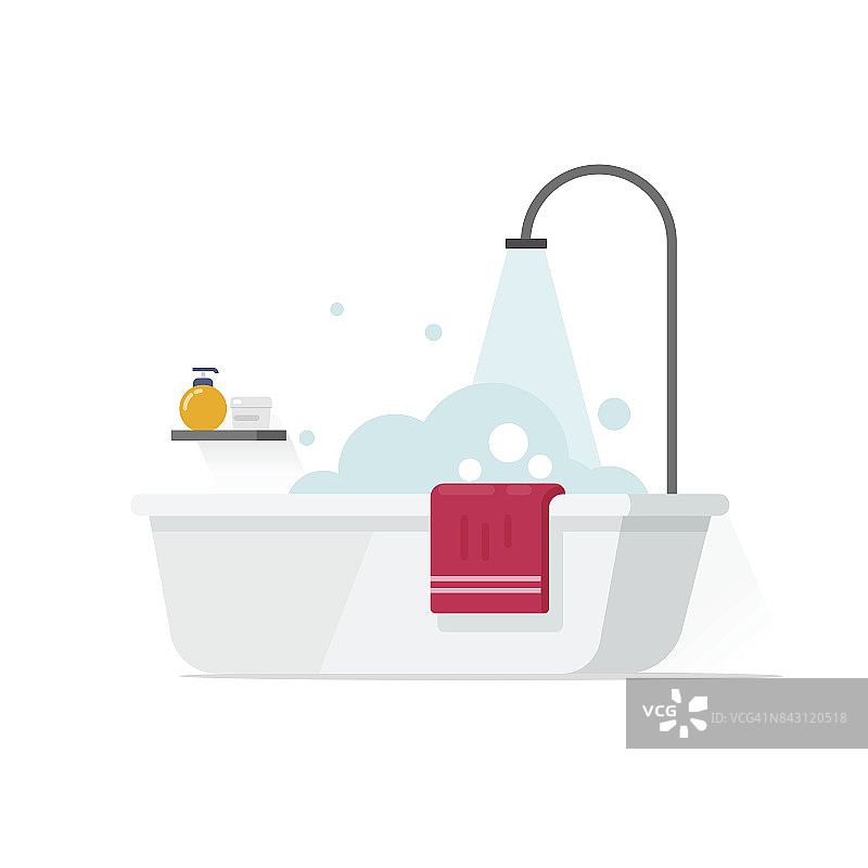 浴缸与泡沫泡沫和淋浴矢量插图孤立在白色，平面卡通浴室的想法图片素材