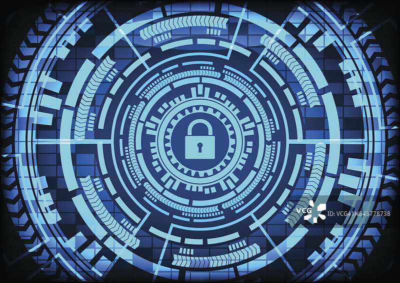 恶意软件勒索病毒加密文件与键盘齿轮蓝色背景。矢量图解网络犯罪与网络安全概念。图片素材