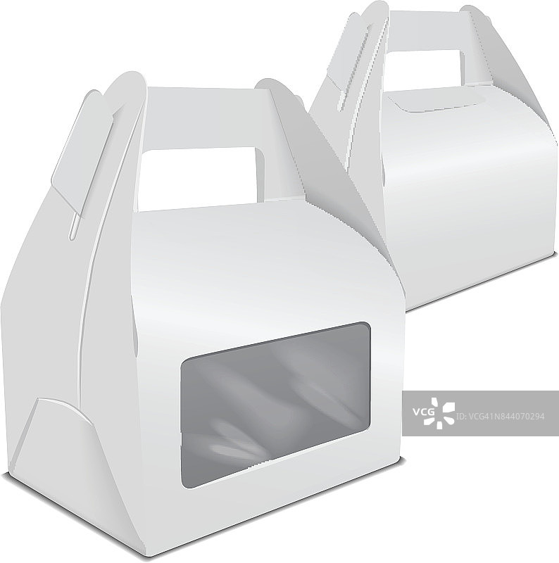 一套逼真的纸蛋糕包装盒模拟，礼品容器与把手和窗户。向量带走食物盒模板图片素材