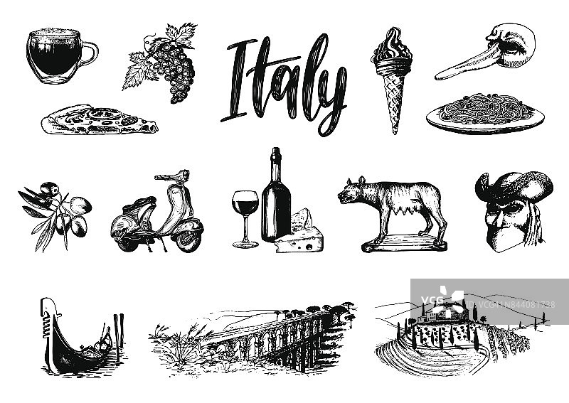 意大利的一套草图。意大利旅游符号手绘插图。矢量旅游度假标志。图片素材