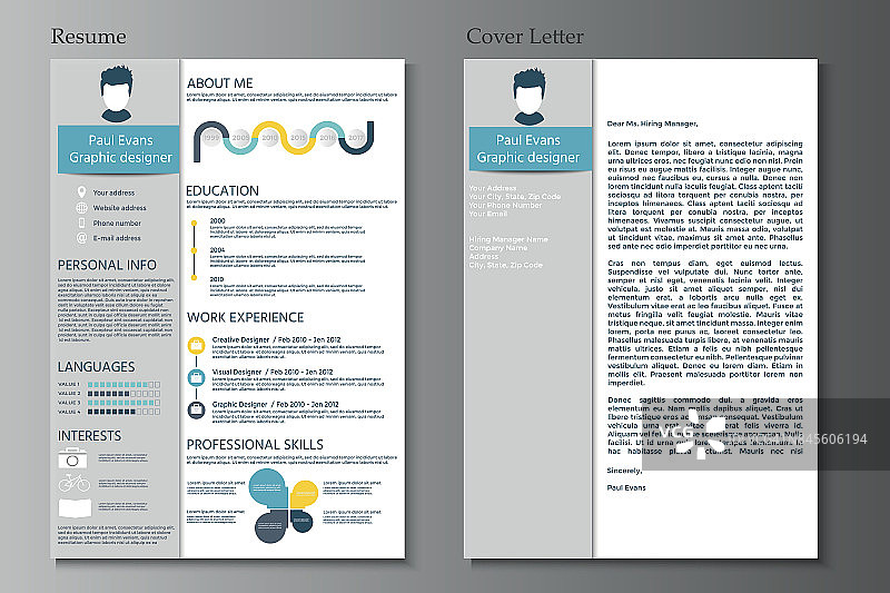 收集简历和求职信。现代CV设置与信息图谱图片素材