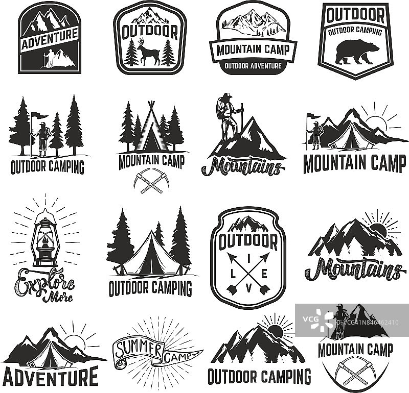 一组孤立在白色背景上的露营标志。徒步旅行、旅游、户外探险。图片素材