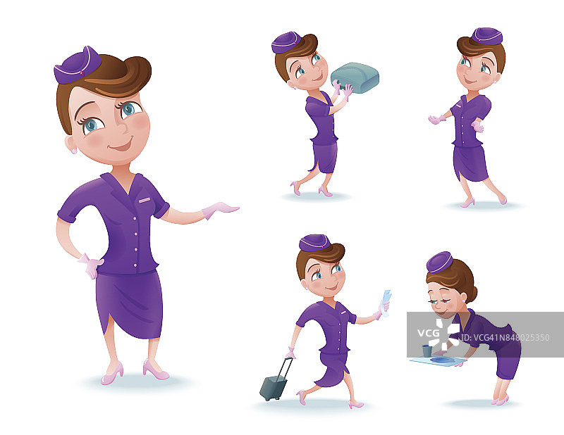 空姐卡通人物，机组人员，穿紫色制服的可爱女孩，提供食物，做安全简报，矢量插图图片素材