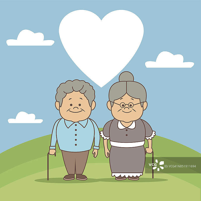 色彩背景景色中，老两口站在草地上快乐的爷爷奶奶一天图片素材
