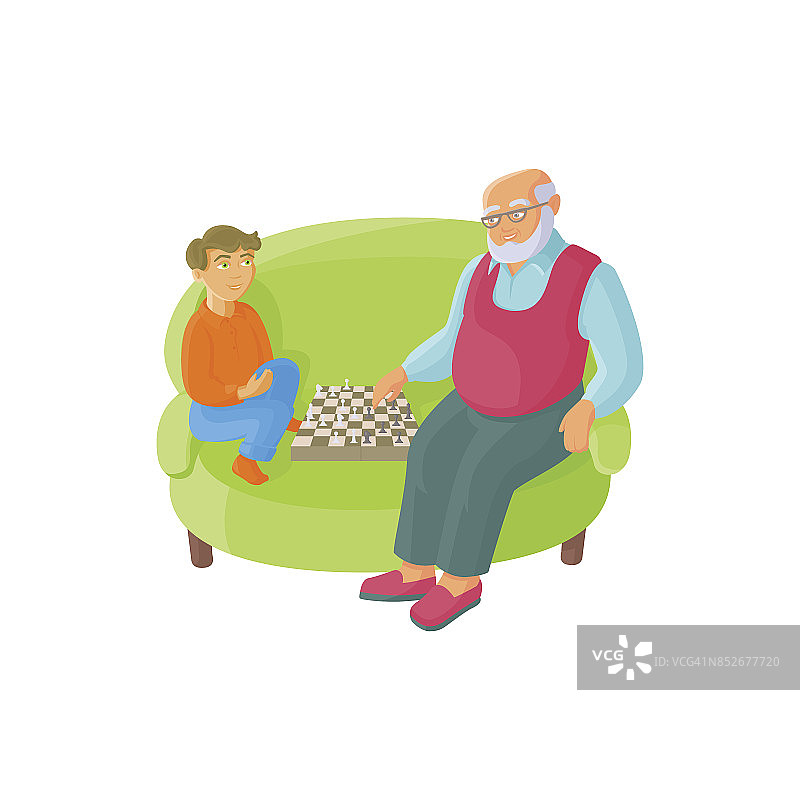 矢量平爷爷和孙子在下棋图片素材