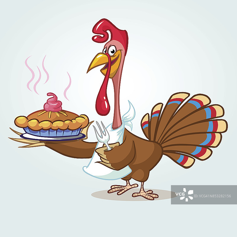 感恩节卡通火鸡厨师端着南瓜派，手持叉子。矢量卡通孤立的轮廓图片素材
