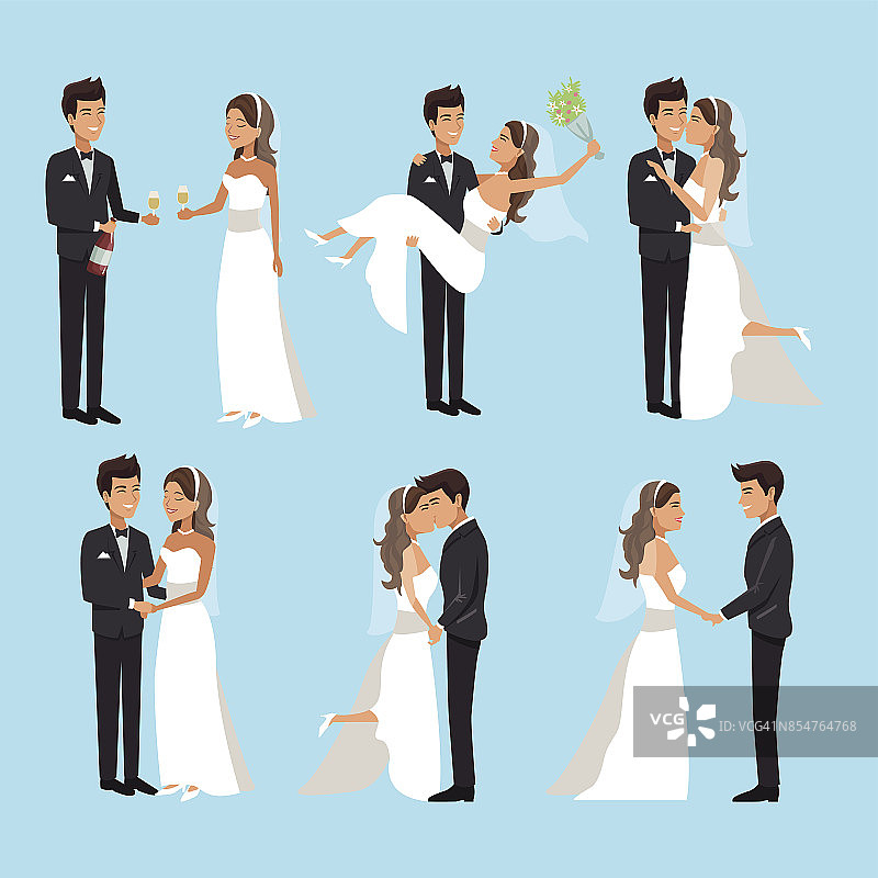 色彩背景与场景的新婚夫妇在不同的地位图片素材