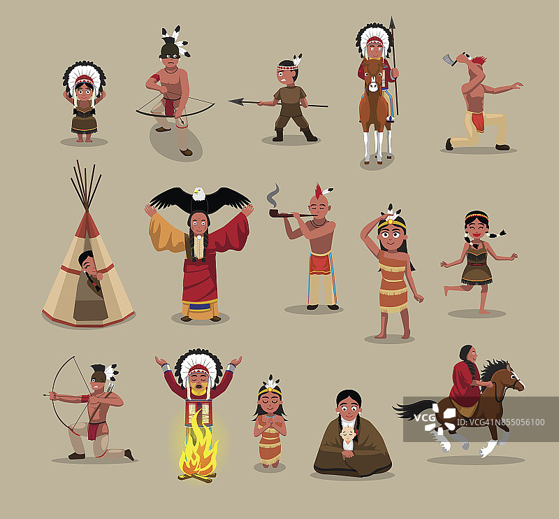美国原住民摆卡通矢量插图图片素材