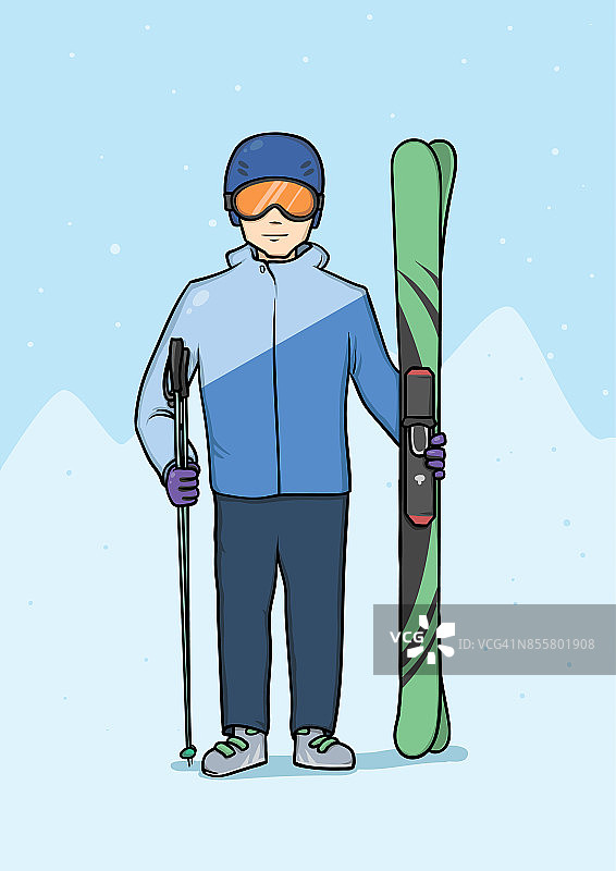年轻人站在山上滑雪。冬季运动,滑雪。矢量插图。图片素材