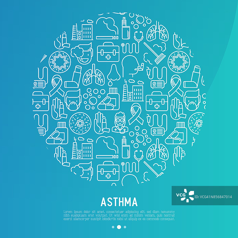 世界哮喘日概念圈，细线图标:空气污染，吸烟，呼吸器，治疗师，吸入器，支气管，过敏症状和过敏原。矢量插图的旗帜，网页。图片素材