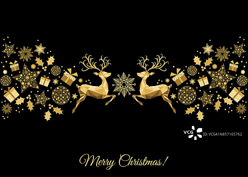 圣诞金饰用驯鹿、冬青、礼物和雪花。图片素材