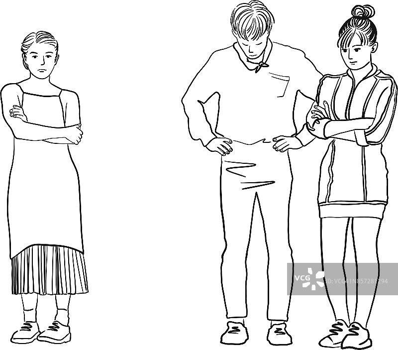 矢量艺术画的男人在两个女人之间，年轻悲伤的女人站着她的双臂交叉，三角恋。艰难的选择。图片素材