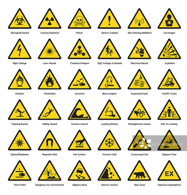 一套三角形黄色警告标志，危险，皮屑，注意符号，化学，易燃，安全，辐射，警告图标，矢量插图图片素材