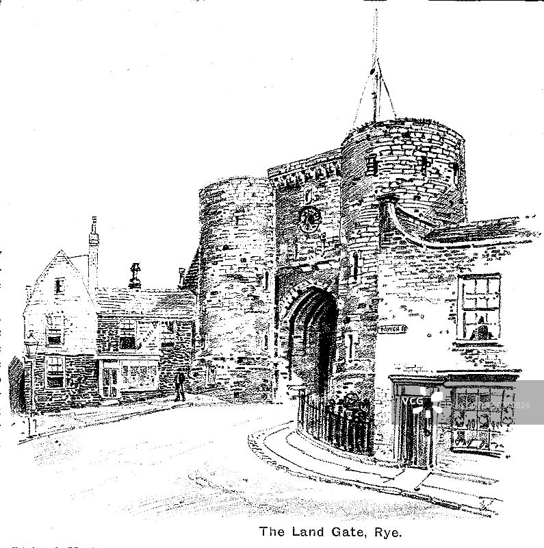 19世纪历史悠久的土地门、黑麦及其周围建筑的版画;英国维多利亚小镇1893图片素材