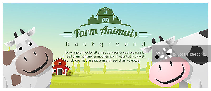 农场动物和农村景观背景与奶牛，矢量，插图图片素材
