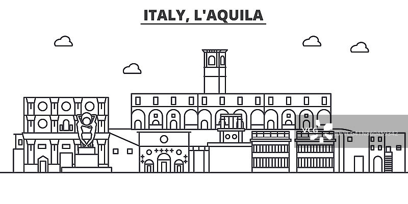 意大利阿奎拉建筑线条天际线插图。线性向量的城市景观与著名的地标，城市景观，设计图标。风景与可编辑的笔触图片素材