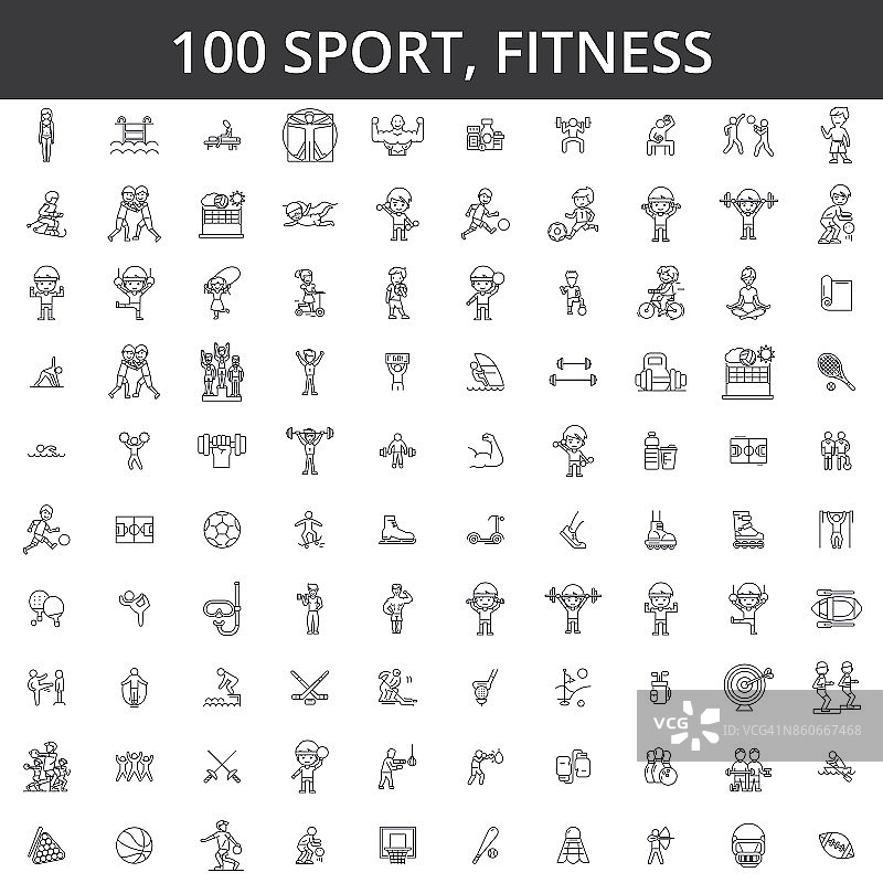 体育、健身、足球、空手道、足球、曲棍球、健康生活方式、健身、拳击、棒球、篮球、滑雪、游泳等线条图标、标志。说明矢量的概念。可编辑的中风图片素材