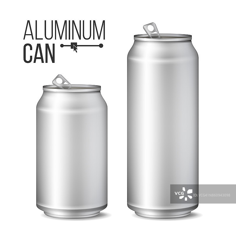 空白金属罐矢量。银罐。3D包装。模拟金属罐啤酒或软饮料。500和300毫升。孤立在白色插图图片素材