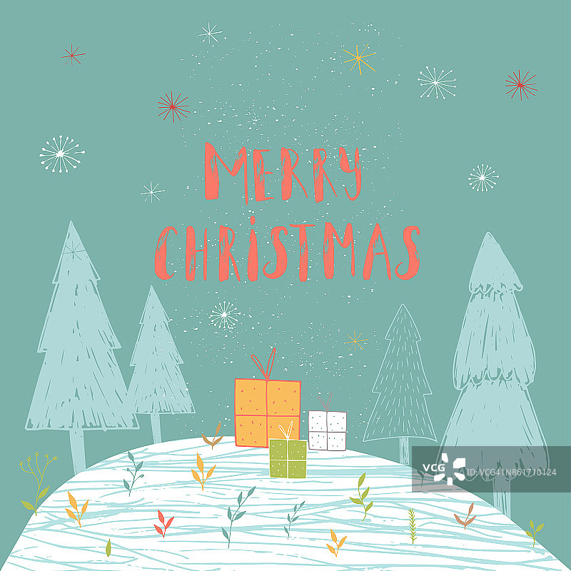 圣诞快乐可爱的贺卡与森林和礼物。图片素材