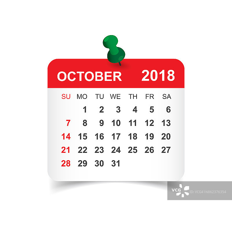 2018年10月日历。日历贴纸设计模板。一周从周日开始。业务矢量插图。图片素材