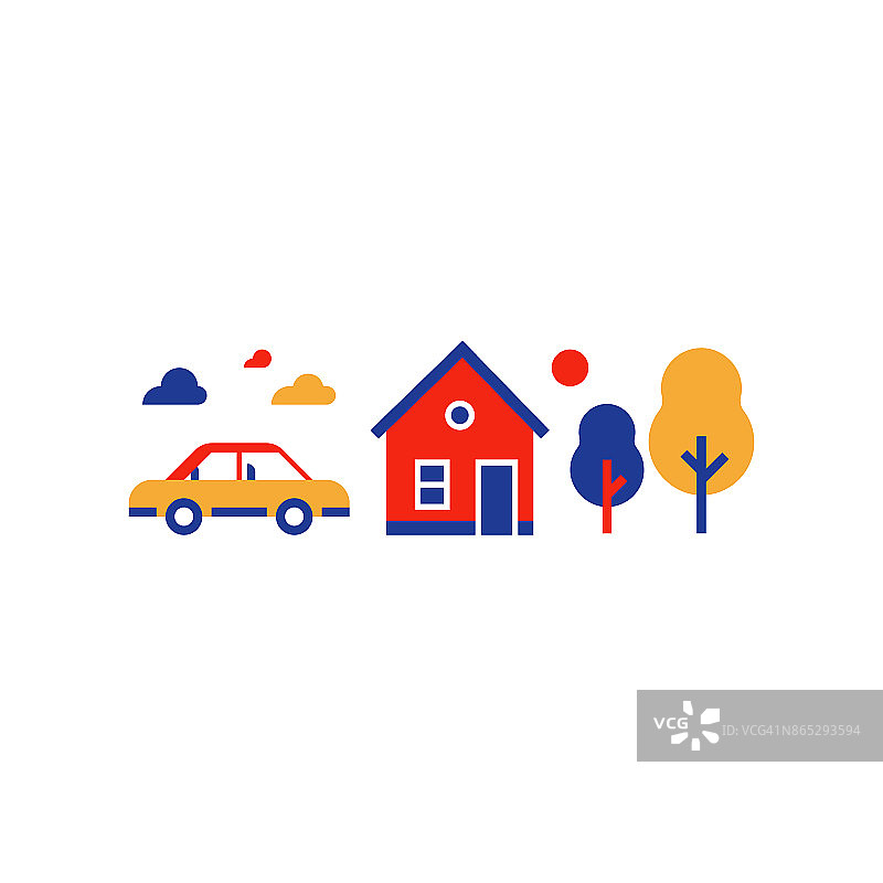 郊区住宅与汽车，避暑别墅，乡村，房地产，矢量图标图片素材