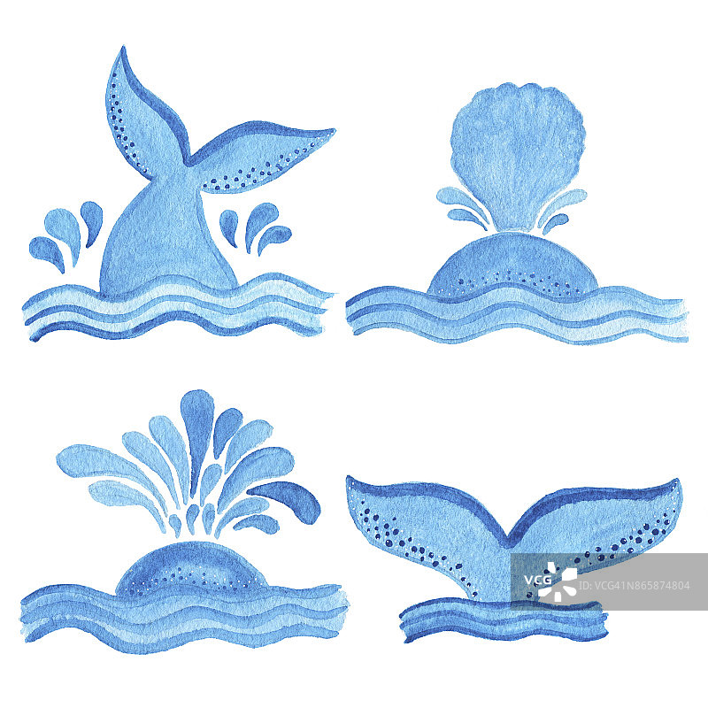 水彩蓝鲸尾物体，卡通风格图片素材
