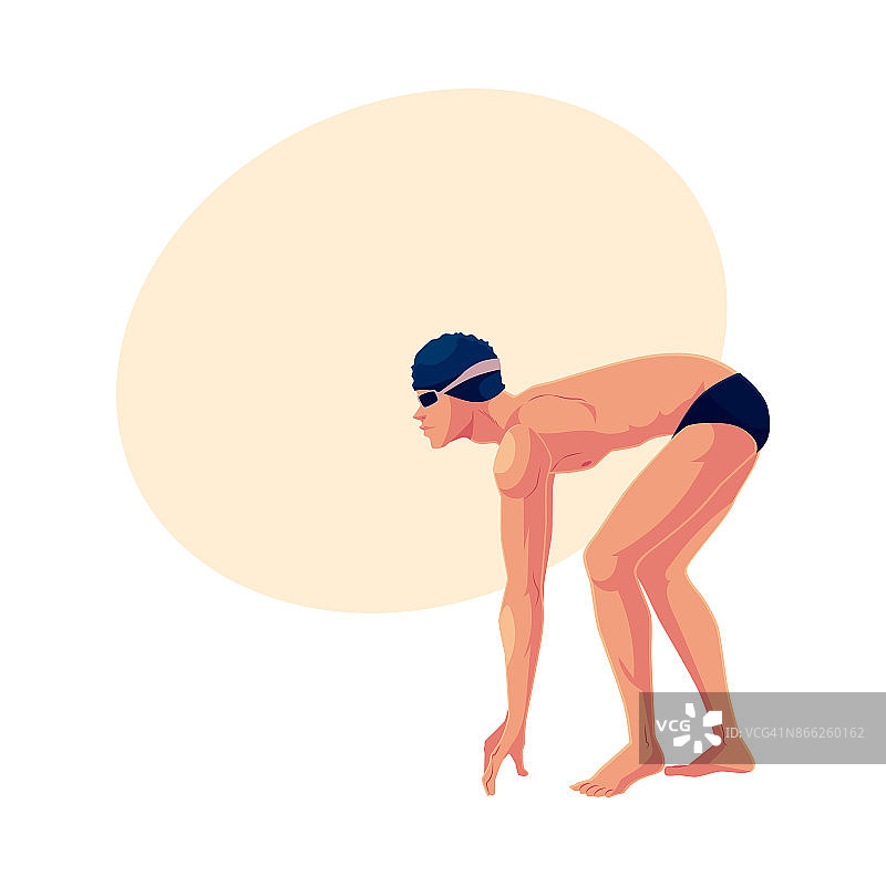 男子游泳运动员在出发位置，准备跳水和游泳图片素材