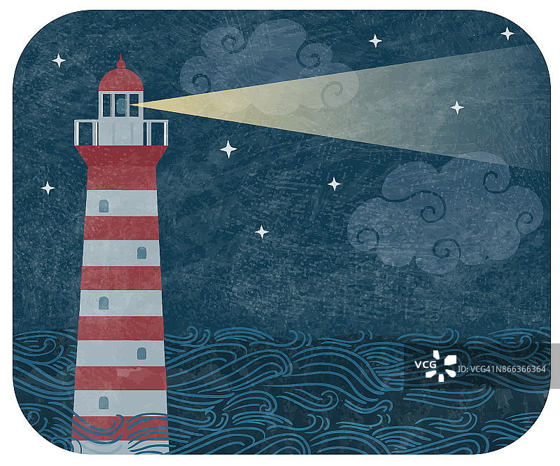 矢量复古插图与红色和白色的灯塔在夜晚的海洋，与海浪，和云图片素材