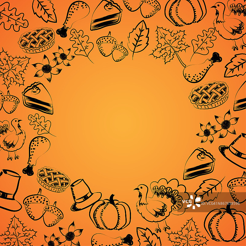 手绘和涂鸦风格矢量和感恩节的概念与复制空间梯度橙色背景插图图片素材