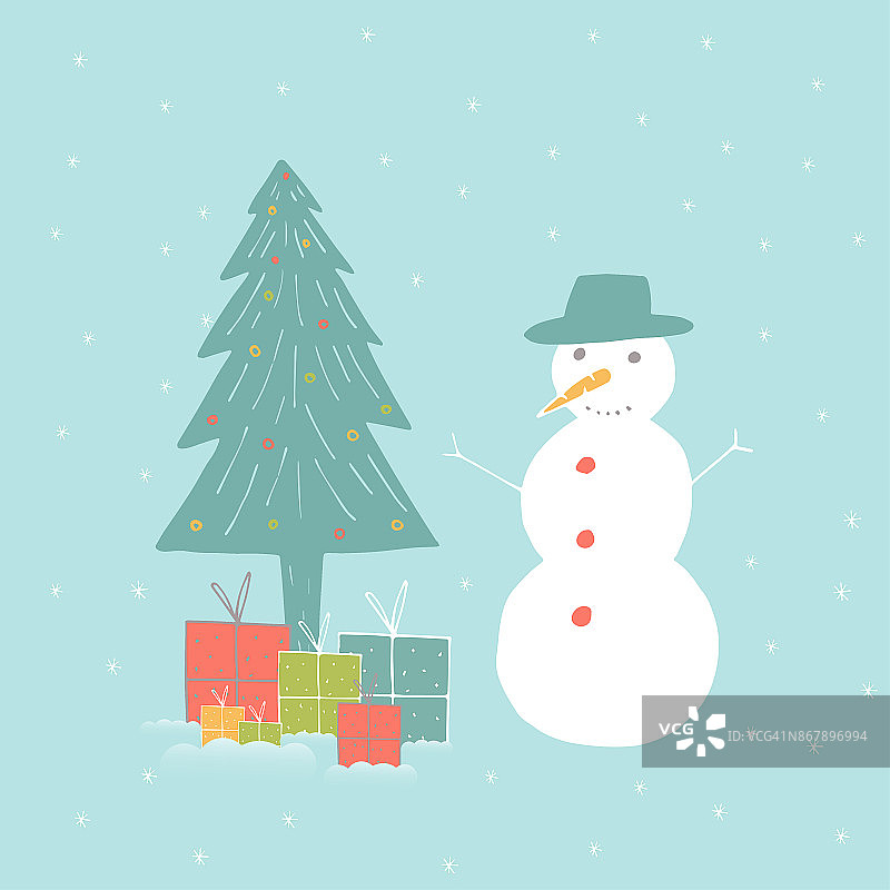 圣诞快乐可爱的贺卡与雪人的礼物。图片素材