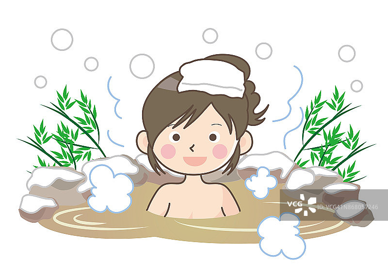 户外温泉浴与雪女人图片素材