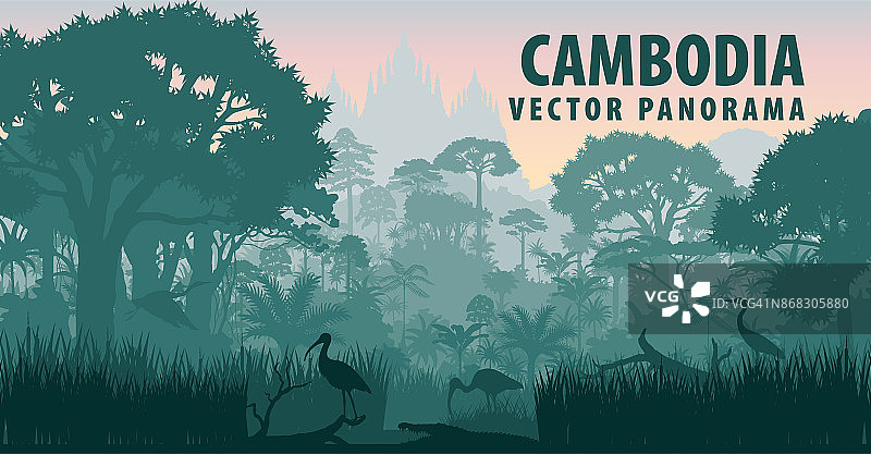柬埔寨与鳄鱼，苍鹭和朱鹮在丛林雨林湿地的矢量全景图图片素材
