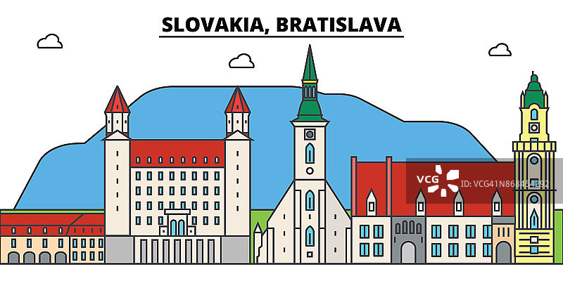 斯洛伐克，布拉迪斯拉发勾勒城市天际线，线性插图，横幅，旅游地标，建筑剪影，矢量图片素材