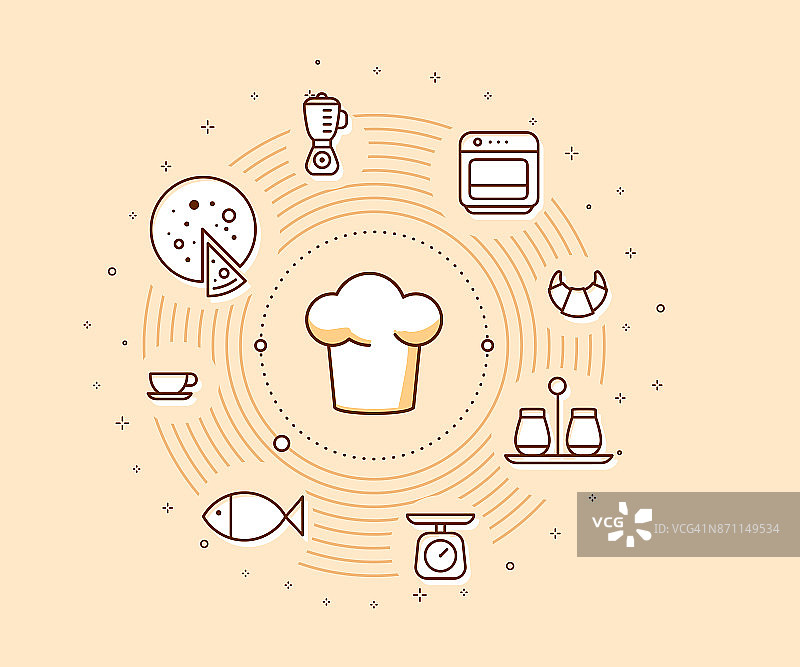 灯光背景下的创意烹饪理念。矢量插图的厨师帽与食物图标。图片素材
