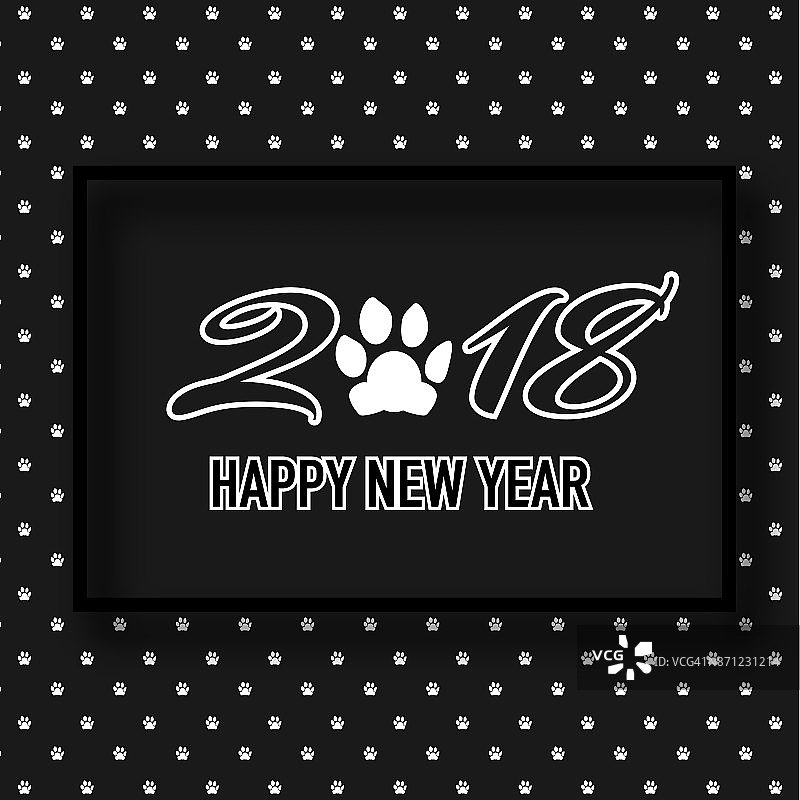 2018年快乐新年横幅，可爱的狗爪，黑白图案设计。扁平的卡通邀请模板的聚会，传单，日历，排版。农历狗年。图片素材