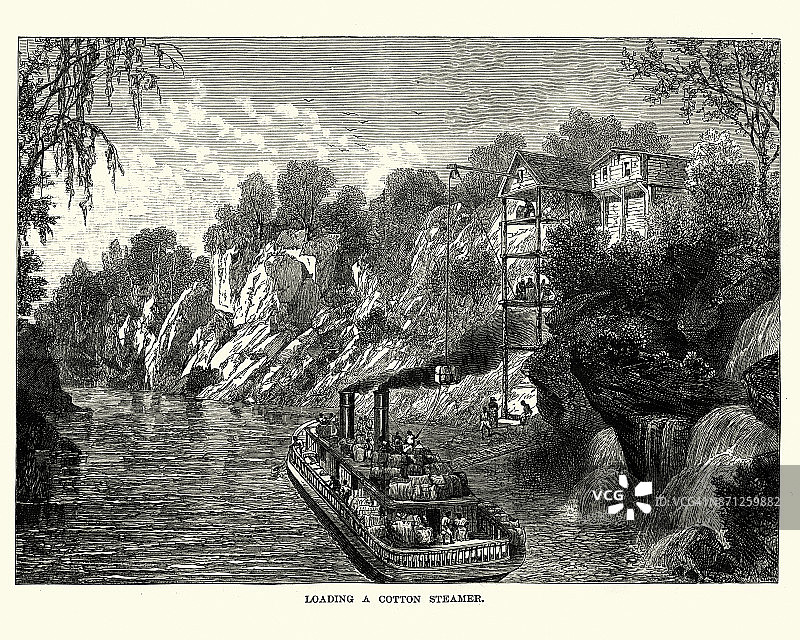 装载棉花船，19世纪。图片素材