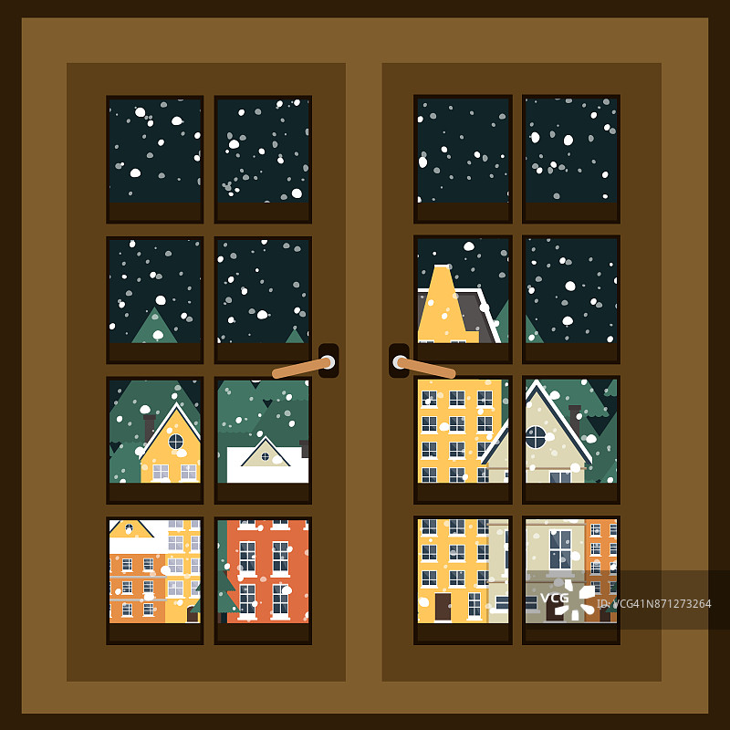 冬天的风景。窗外的景色。新年的海报。冬天村庄。平面向量插图图片素材