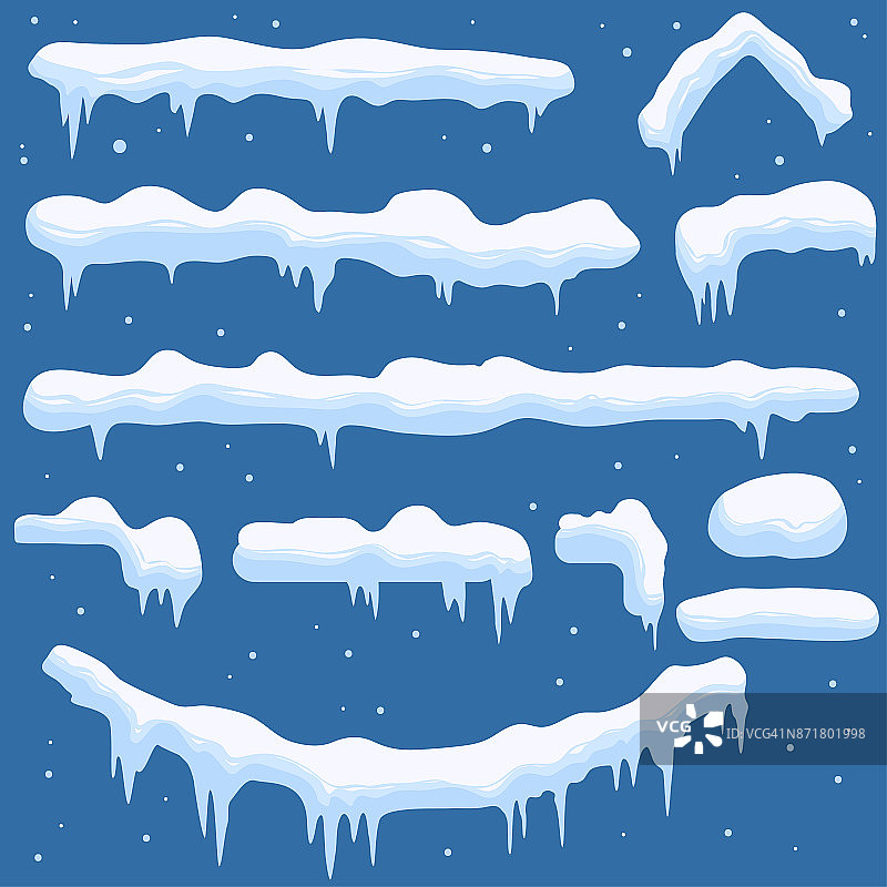 雪堆，冰柱，冰帽，雪帽和雪花。向量图片素材