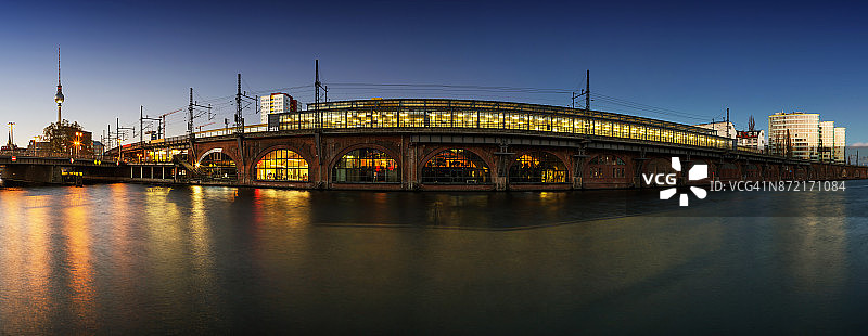 柏林天际线全景-火车站“Jannowitzbrücke”，施普雷河附近(柏林米特，德国)图片素材