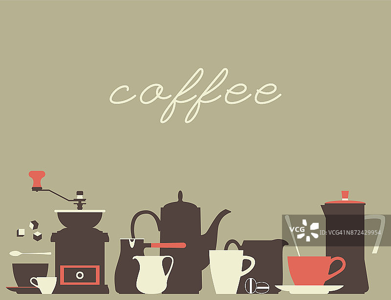 咖啡的背景。一套平面盘子图标的咖啡馆。矢量插图。图片素材