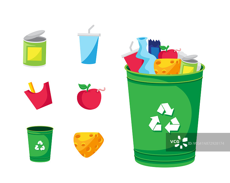 现代绿色回收垃圾桶和垃圾物体插图图片素材