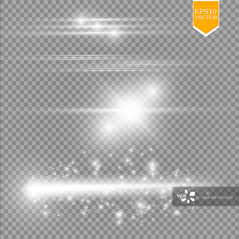 一组辉光效果星星爆发与火花孤立在透明的背景。为插图模板艺术设计，旗帜为圣诞节庆祝，魔法闪光能量射线图片素材