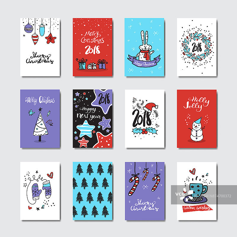 圣诞节和新年贺卡收集Doodle风格设置Od明信片孤立在白色的背景图片素材