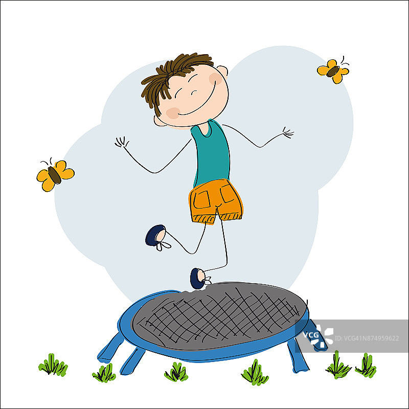 快乐的小男孩在蹦床上跳-原创手绘插图图片素材