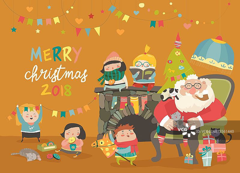 卡通圣诞老人与孩子和礼物图片素材