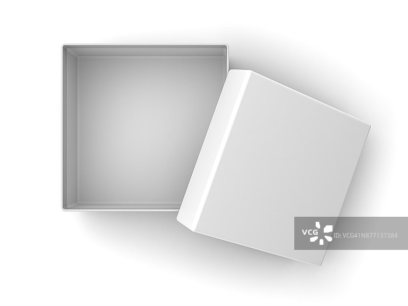 空白纸板箱打开，盖盖隔离在白色背景和阴影。三维渲染图片素材