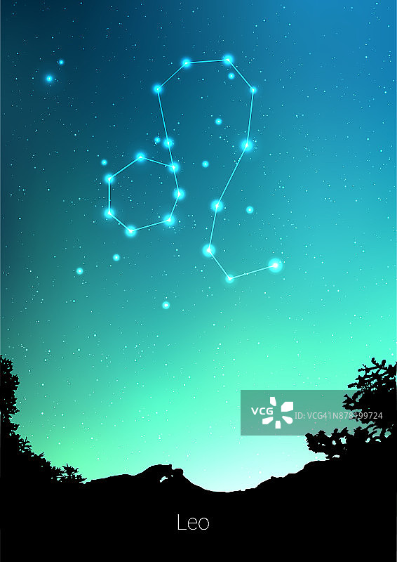 狮子座星座与森林景观剪影在美丽的星空与银河和后面的空间。狮子座星座的象征星座在深宇宙背景。名片设计图片素材