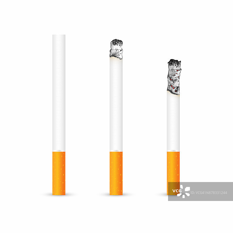 白色背景上有和没有烟灰的香烟。真实的阴燃香烟在不同的燃烧阶段图片素材